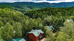 A cabin with a green roof nestled among dense forest, surrounded by hills.