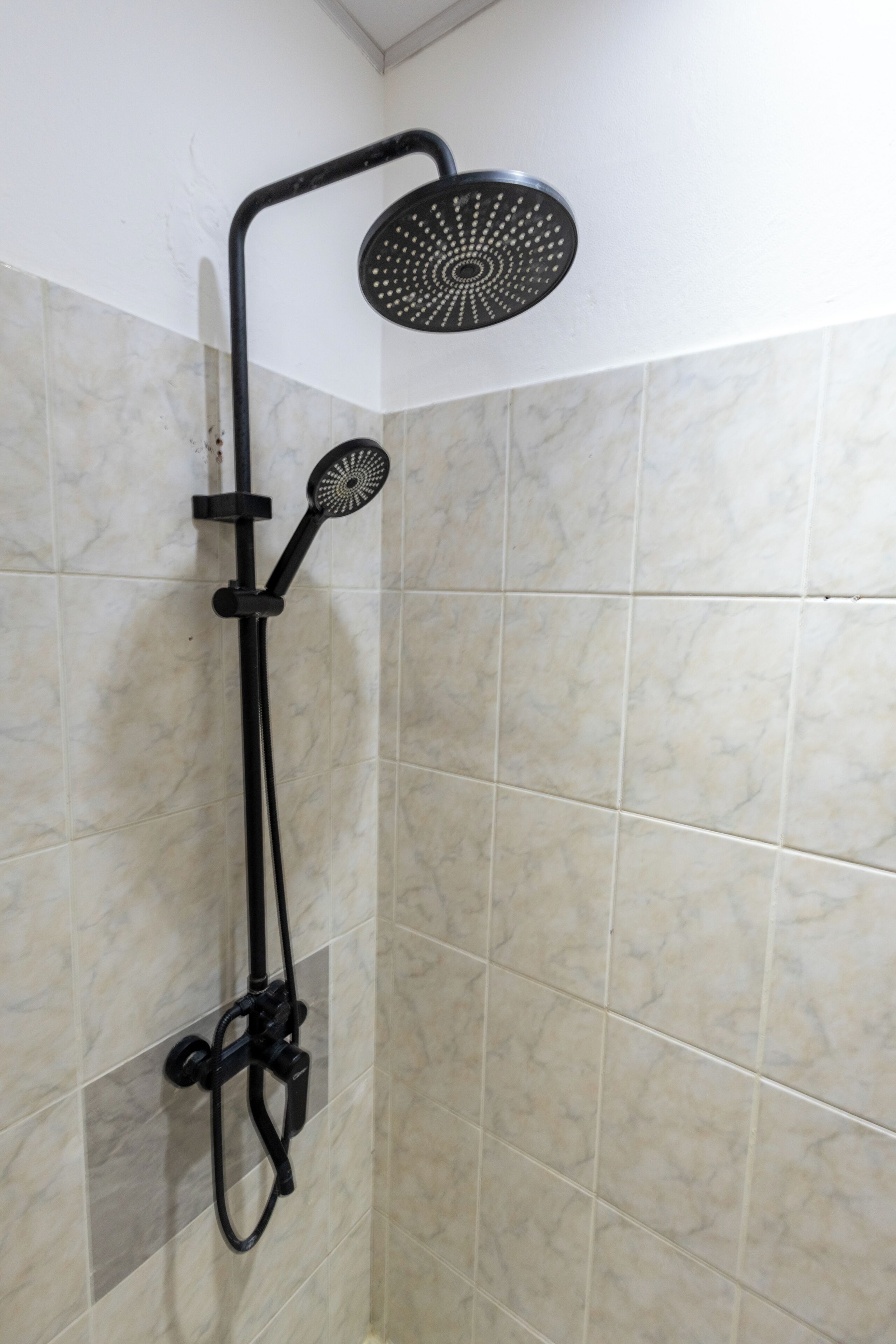 Une douche équipée d’un pommeau de douche à main et d’un pommeau de douche fixe au plafond, dans une salle de bain carrelée.