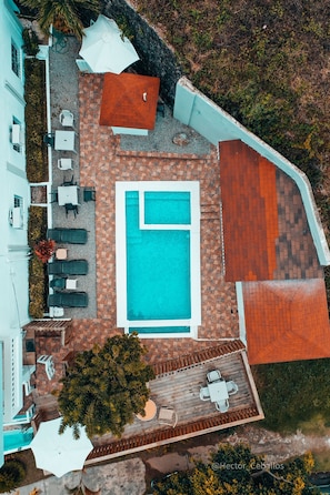 Outdoor pool, pool umbrellas, sun loungers