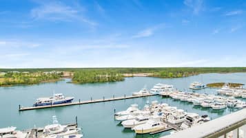 Een jachthaven met diverse boten afgemeerd, omgeven door water en begroeiing.