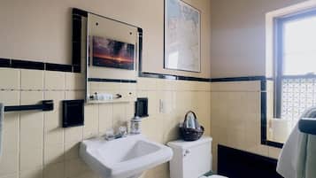 Shower, towels, soap, toilet paper