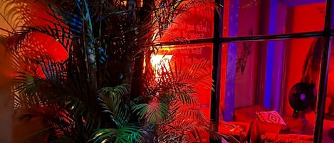 Habitación con fuente de agua, plantas tropicales y una iluminación rojiza.