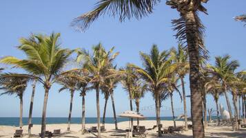 A beach with palm trees, beach chairs, and umbrellas.
