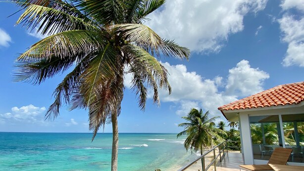 Vista para o mar com águas turquesa cristalinas, uma palmeira e um edifício com telhado de azulejos e área de estar ao ar livre.
