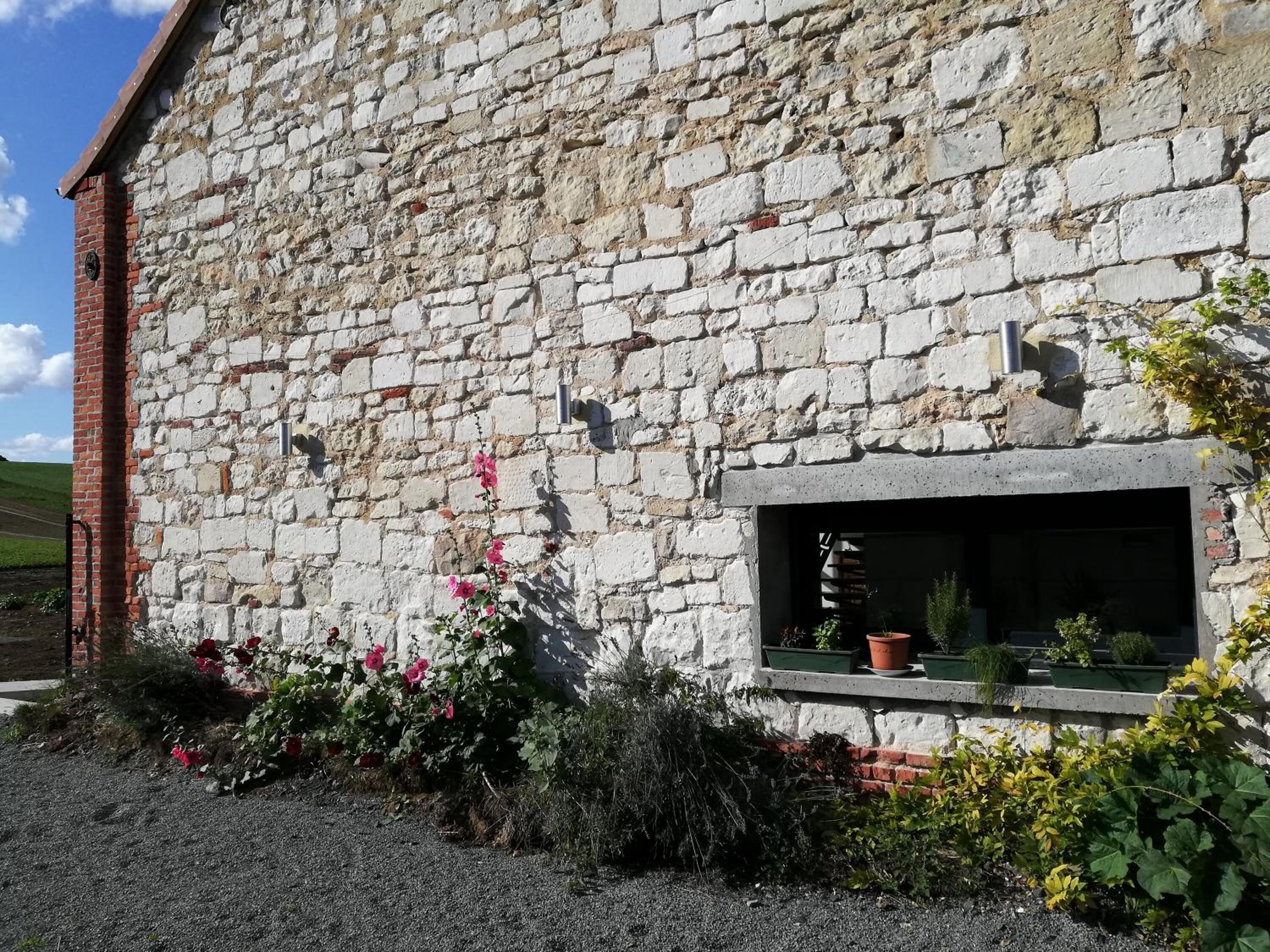 Ein Steinhaus mit einem Fenster und einem kleinen Garten mit Blumen und Pflanzen.