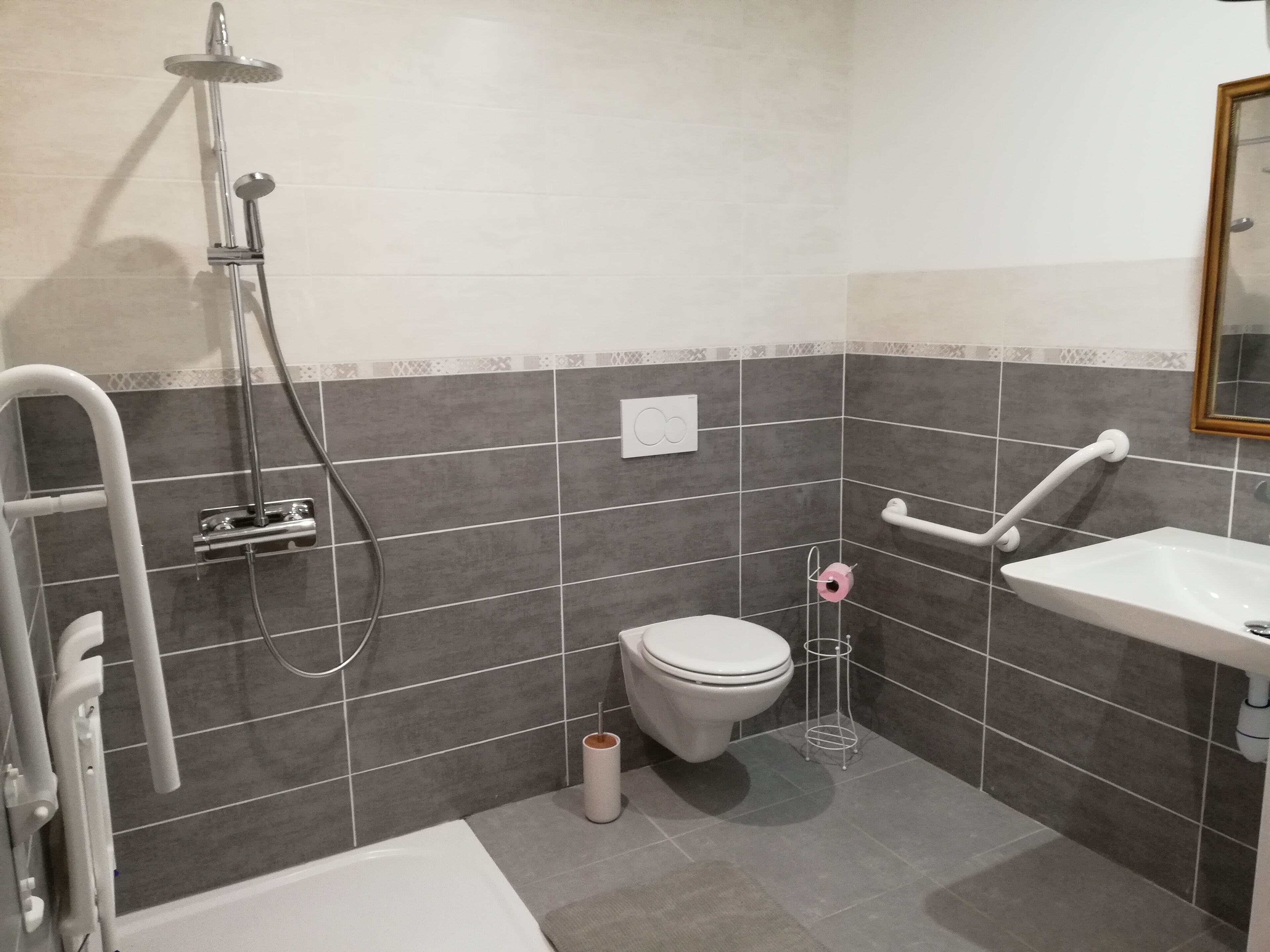 Un baño con ducha, inodoro y lavabo.