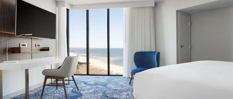 A hotel room with a large bed, a desk with a flat-screen TV, a chair, and a view of the beach through large windows.