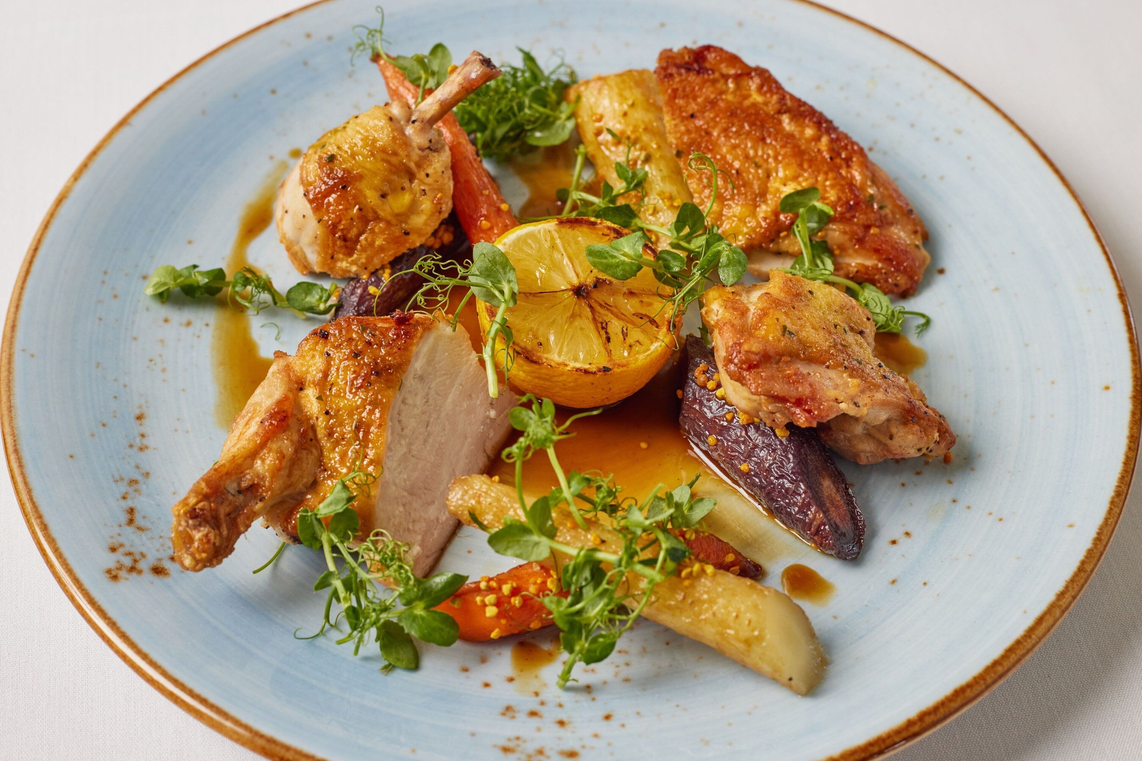 Un plato de comida con diferentes carnes y verduras, adornado con hierbas y una rodaja de limón.