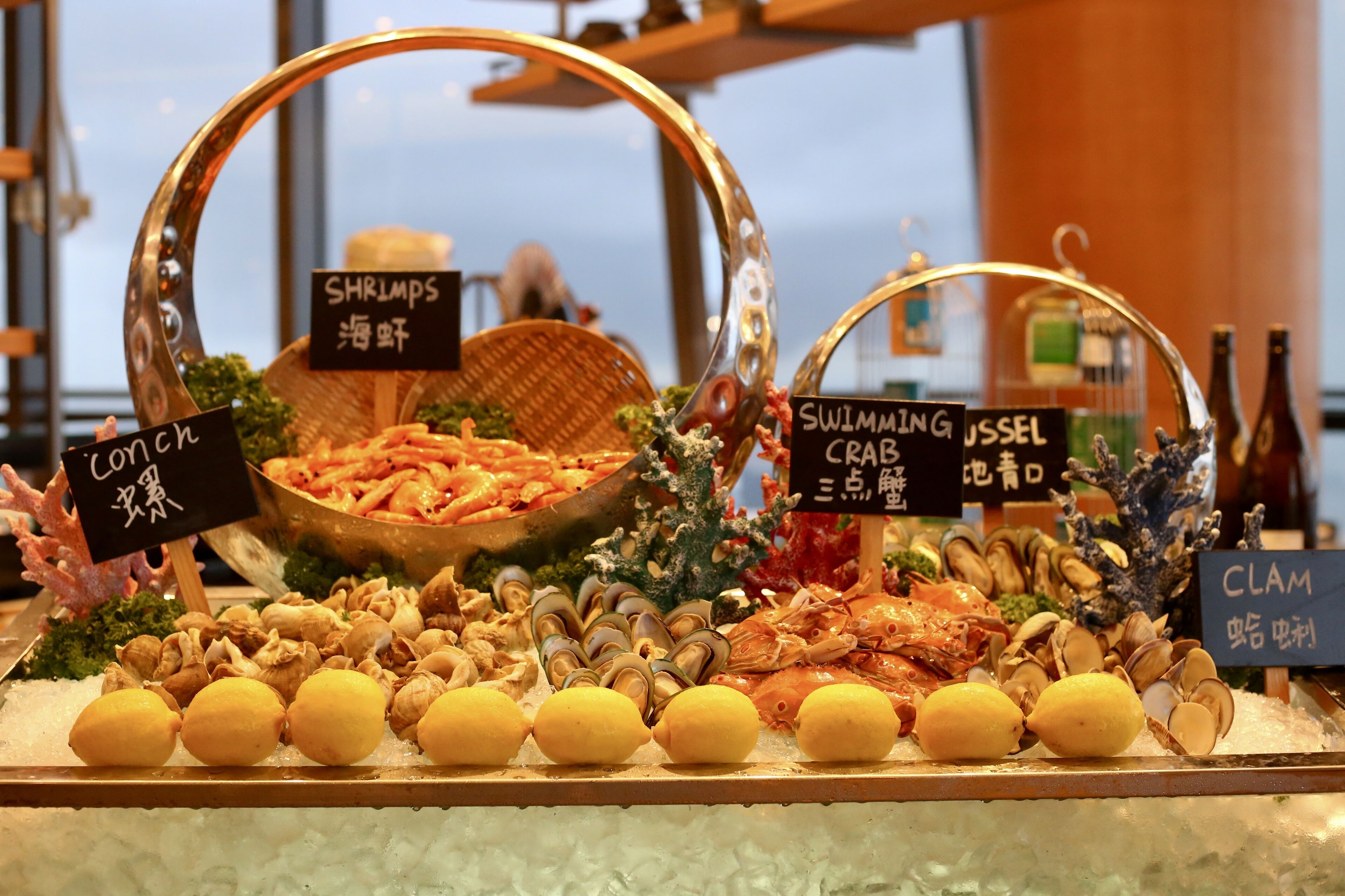 A seafood display with various types of shellfish and seafood, including shrimp, crab, and clams, arranged on ice.