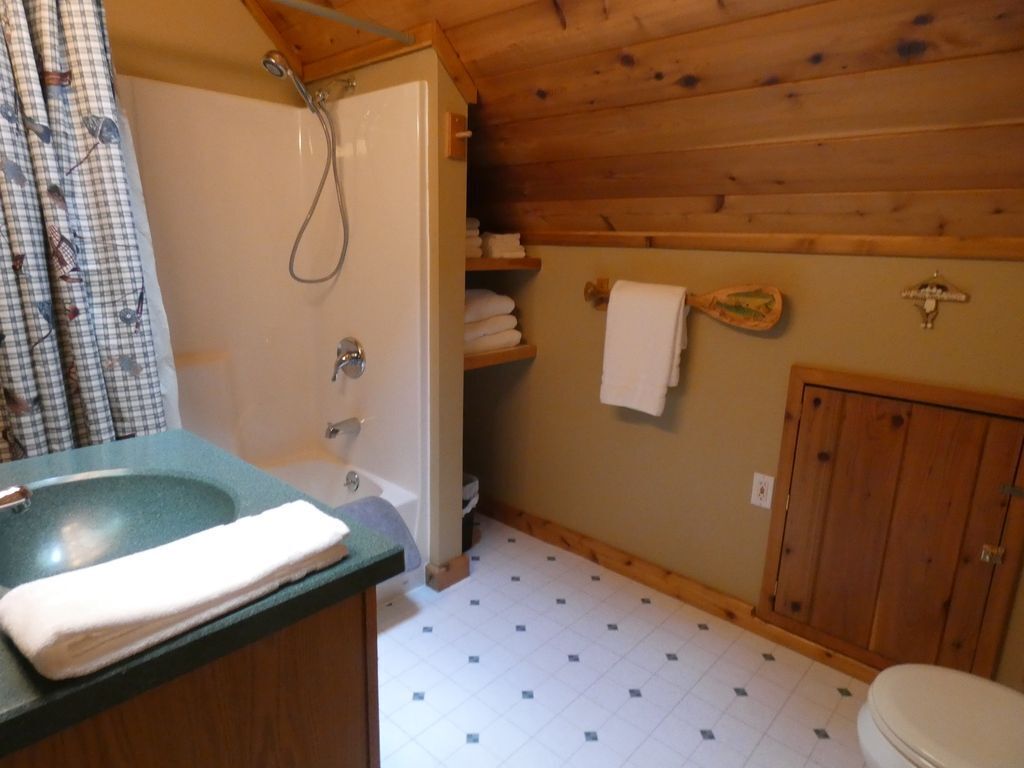 Ein Badezimmer mit Holzboden, einem Waschbecken, einer Toilette und einer Dusche.