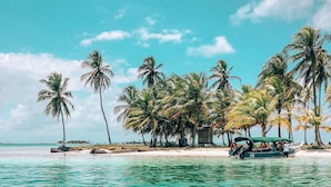 A beach with clear turquoise water, palm trees, and a boat with people on it. - San Blas Private Sailboat - Island Hopping (Narganá)