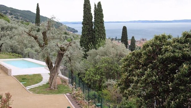 Una piscina rodeada de árboles y vista al mar.