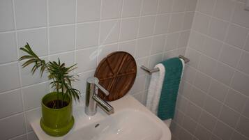 Hair dryer, towels, soap, shampoo