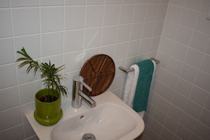 Bathroom features a sink, toilet, and a potted plant.