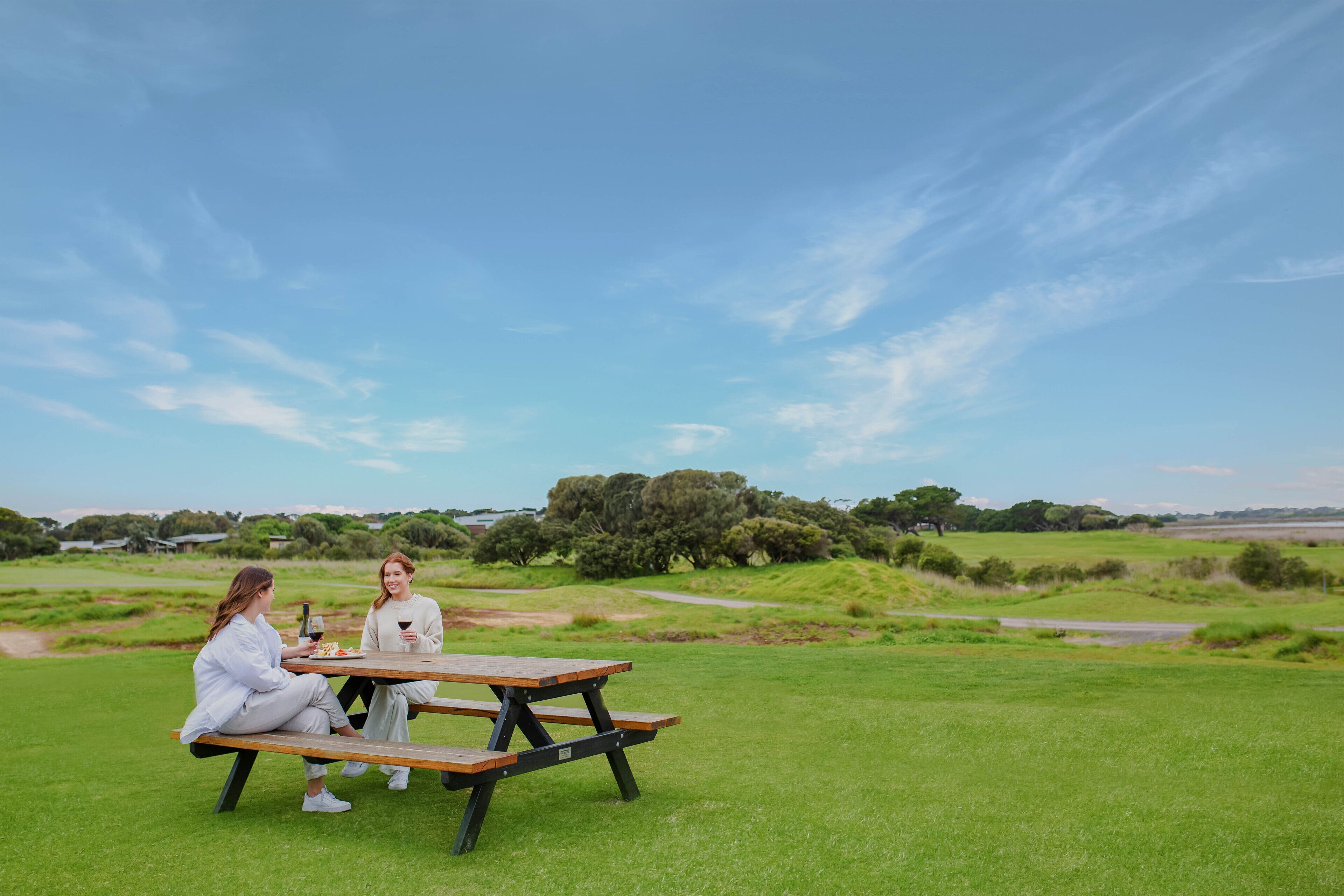 A picnic table with two people sitting on it, surrounded by a grassy field with trees and a clear sky.