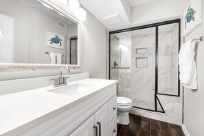 Shower, hair dryer, towels