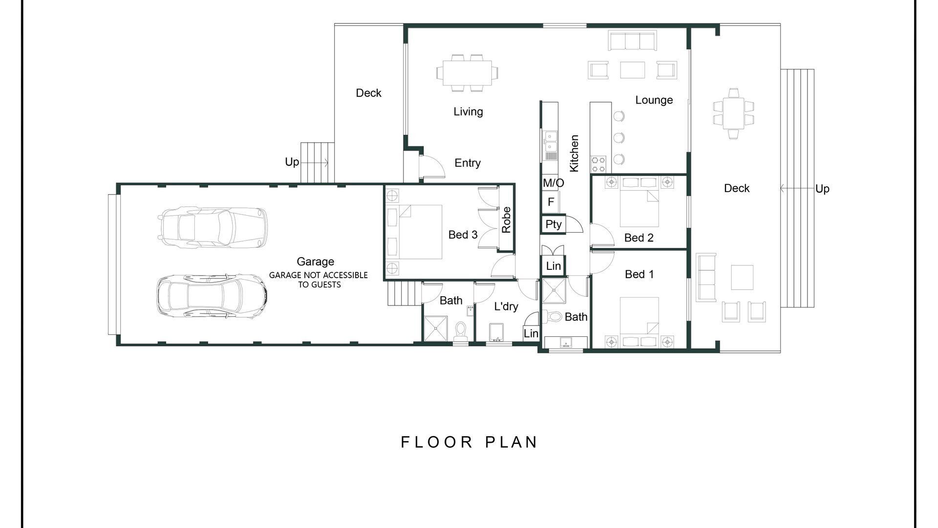 Een plattegrond met een woonkamer, eetkamer, keuken en drie slaapkamers.