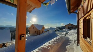 Une cabane en bois avec une cour enneigée et une vue dégagée sur les montagnes environnantes.
