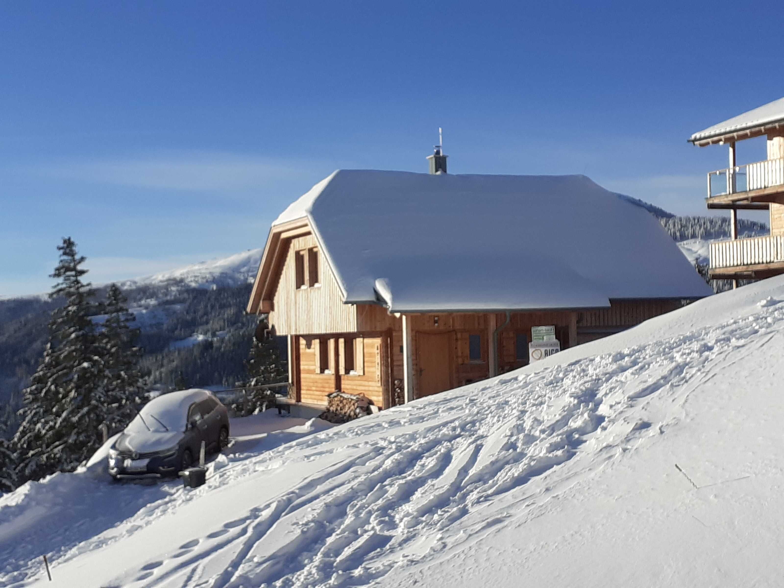 Eine Holzhütte mit geneigtem Dach, ein Auto davor und ein verschneiter Berg im Hintergrund.