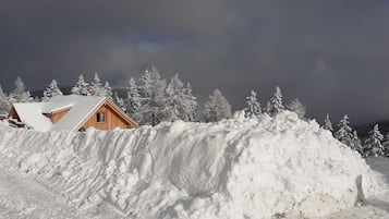Une cabane en bois, dotée d’un toit en pente, entourée d’arbres couverts de neige et bordée d’une grande accumulation de neige.