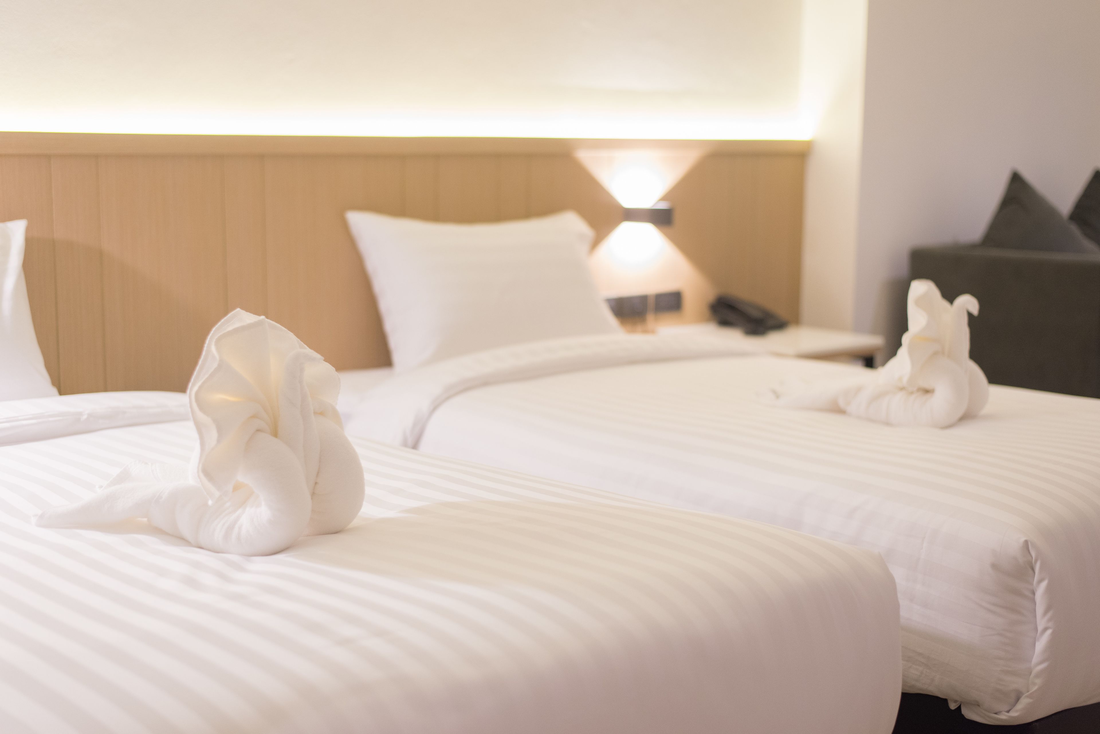 A hotel room with two beds, each with a neatly folded towel and a lamp on the nightstand.