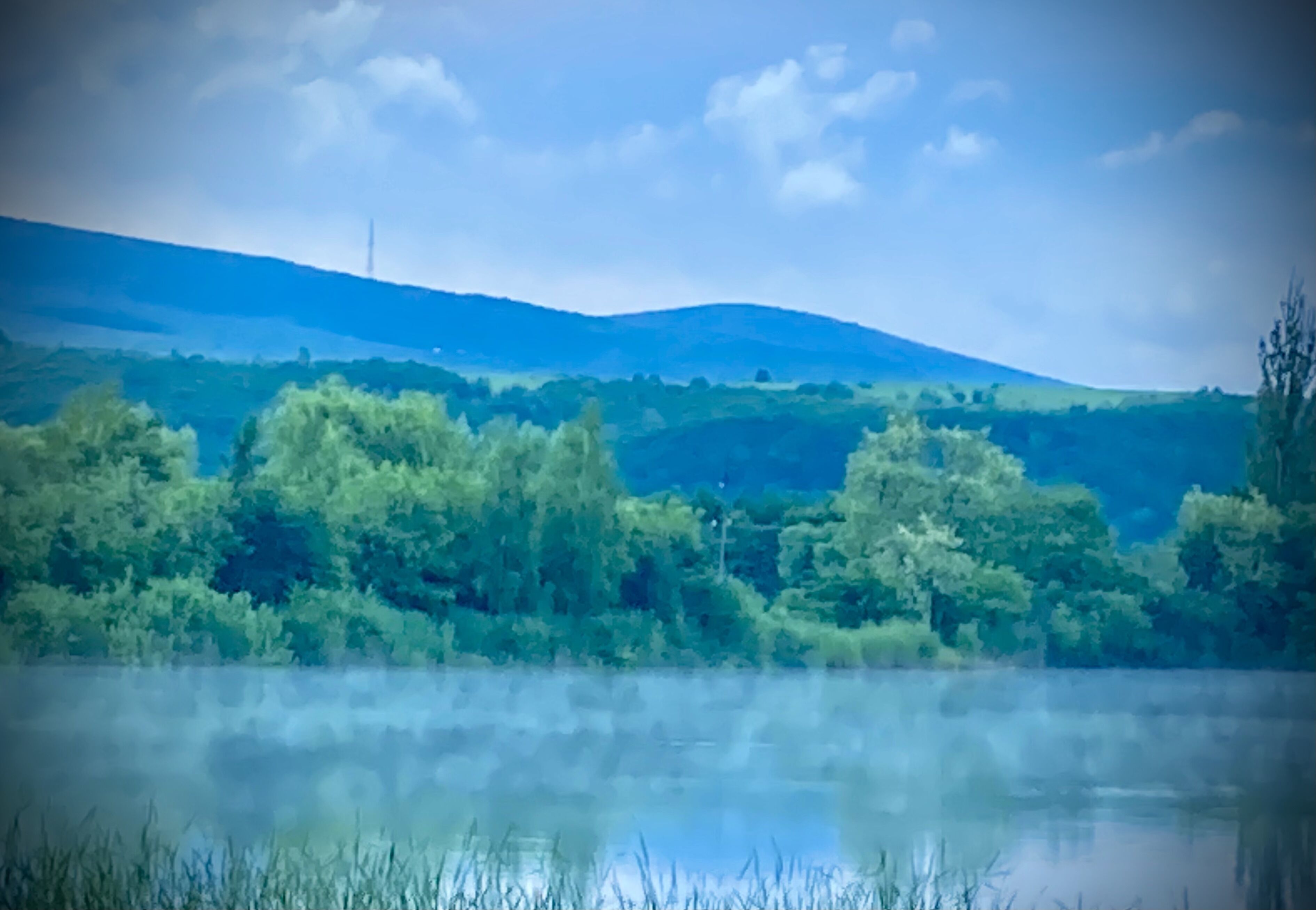 Un paisaje sereno con un lago, árboles y una colina distante.
