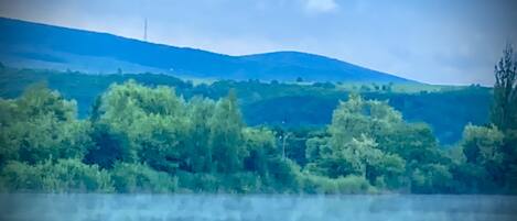 Un paisaje sereno con un lago, árboles y una colina distante.