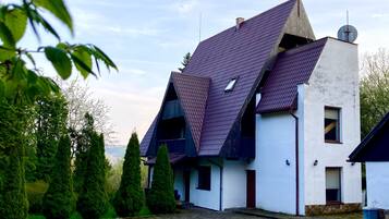 Een huis met een schuin dak, schoorsteen en een schotelantenne.