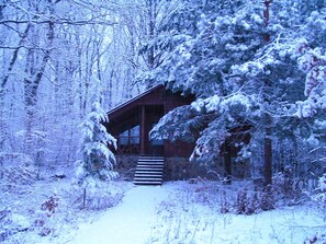 A cabin with a wooden exterior, surrounded by snow-covered trees and a snow-covered path leading to the entrance. - Dubky Hotel (Uzhhorod)