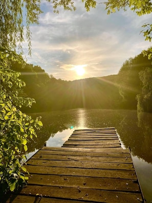A wooden dock extending into calm water, surrounded by dense foliage and a hilly landscape. - Dubky Hotel (Uzhhorod)