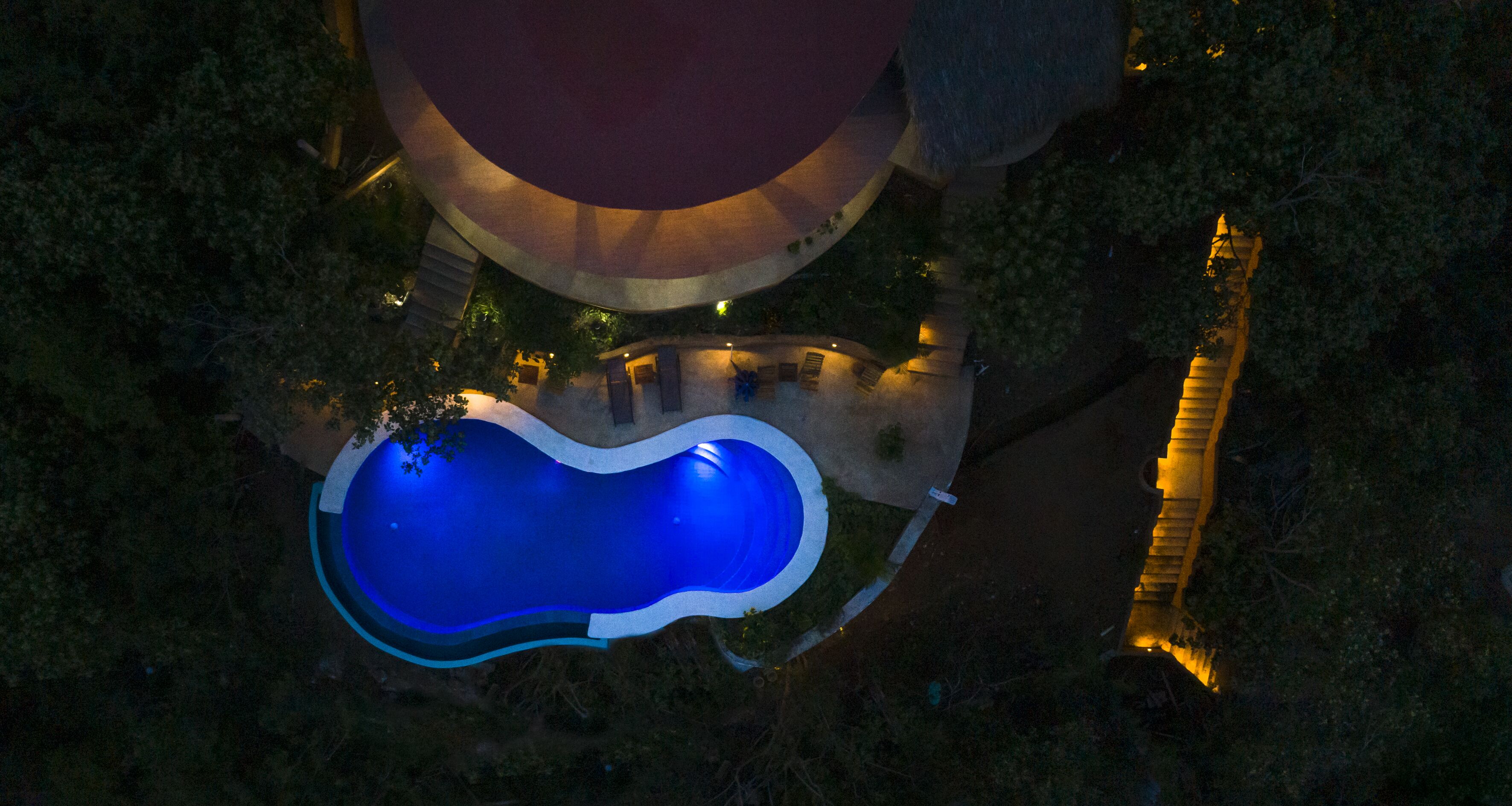 An aerial view of a swimming pool with a unique wavy design, surrounded by trees and a small building.