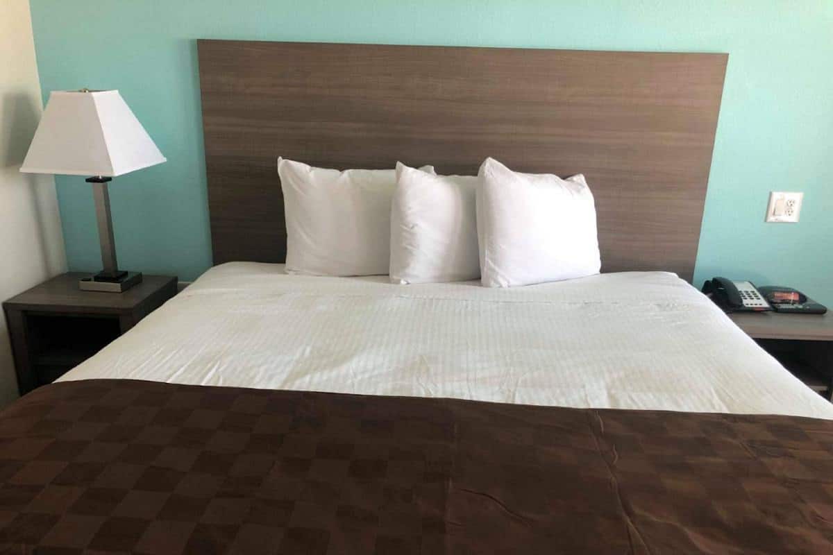 Quarto de hotel com uma cama grande, mesa de cabeceira com abajur e telefone na mesinha lateral.