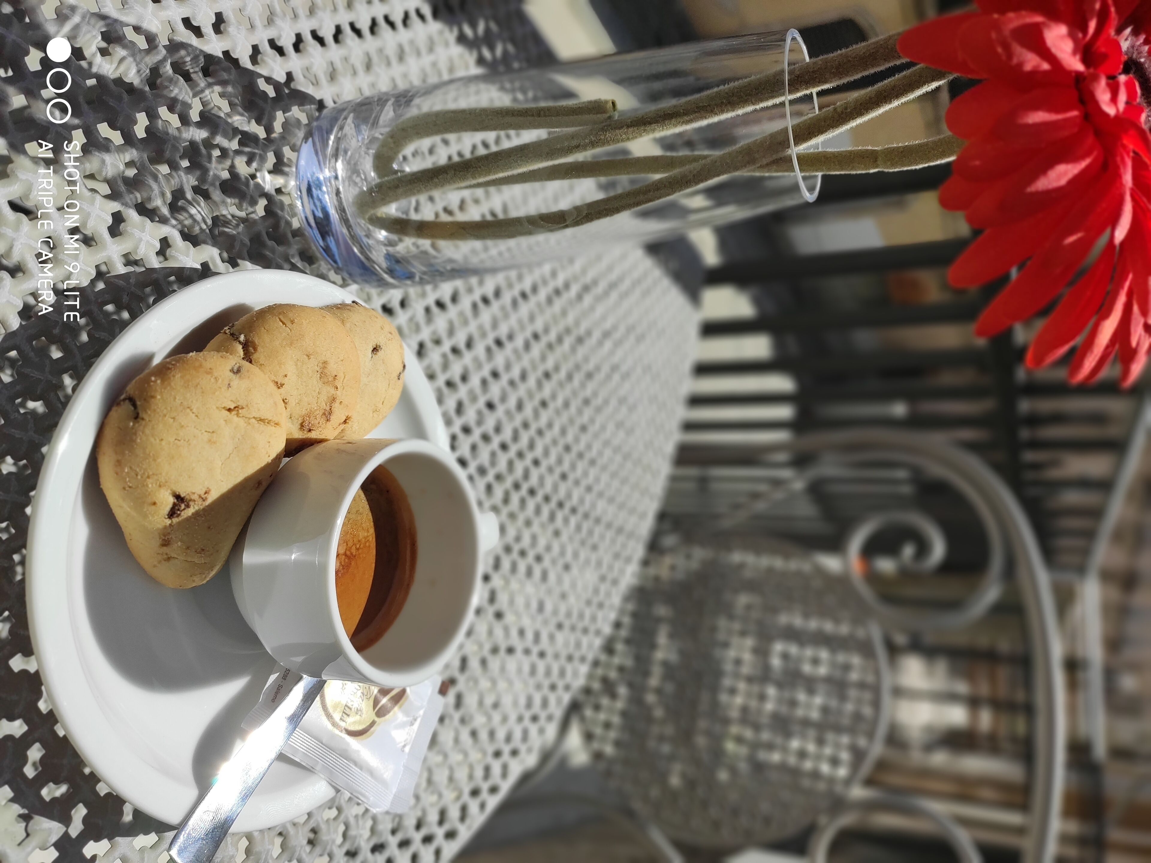 A table setting with a plate of cookies, a cup of coffee, and a glass of water, accompanied by a red flower decoration.