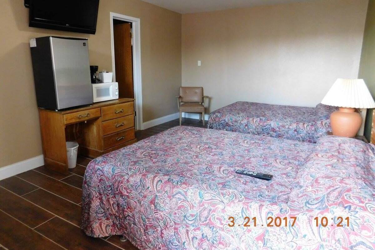 A hotel room with two beds, a TV, a refrigerator, a microwave, a chair, and a lamp.
