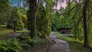 A curved pathway through a lush garden with various trees and shrubs. - Waterfall Manor | Mountain Luxury w/ Fireplaces & Views + Biltmore Pass (Fletcher)