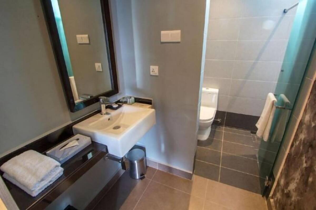 Shower, hair dryer, slippers, bidet