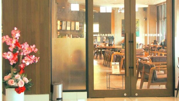 Una tienda Starbucks con diseño moderno, que presenta un gran logo sobre la entrada, un interior limpio con asientos y una planta en maceta a la izquierda.