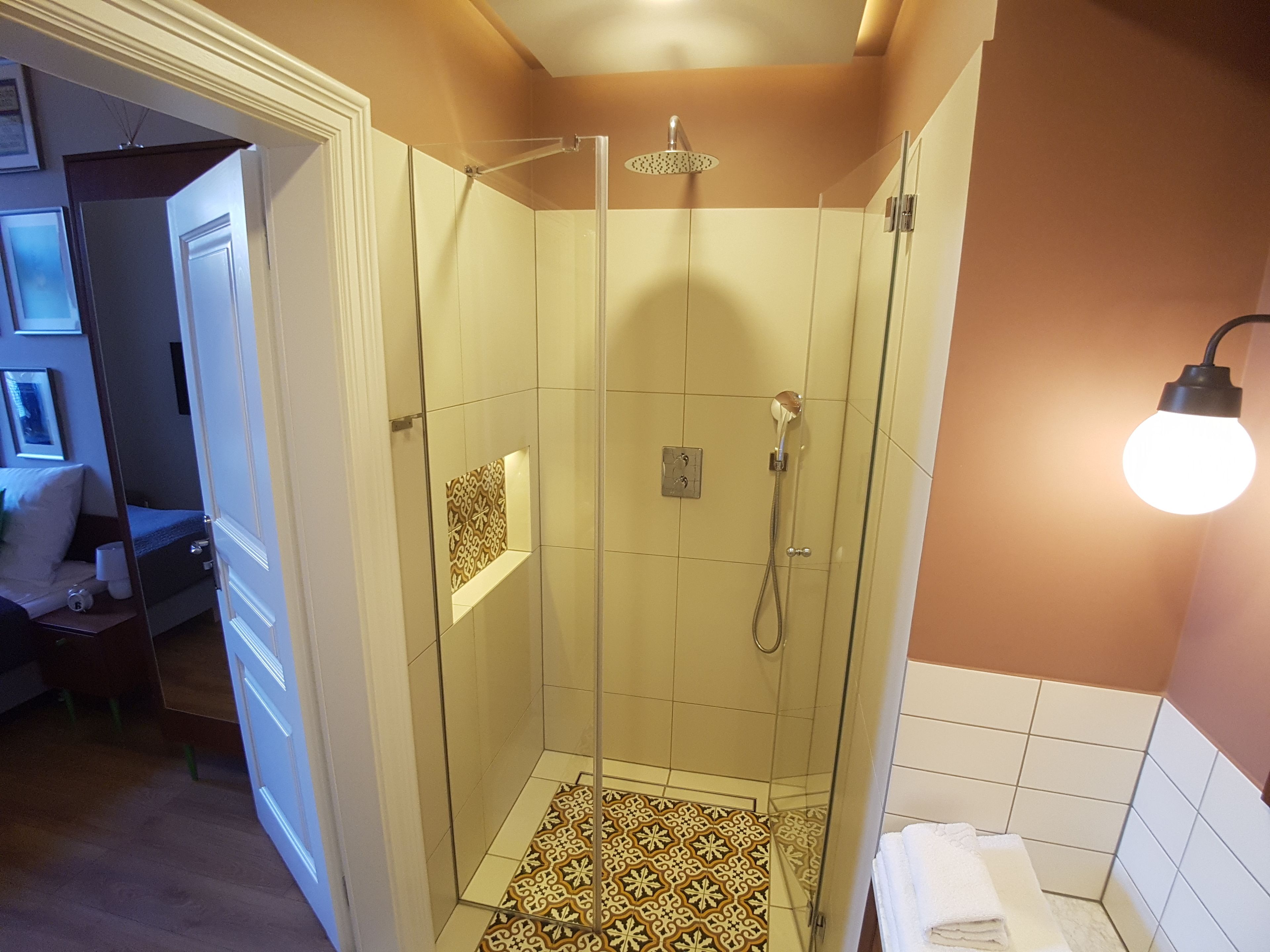 A glass-enclosed shower with a handheld showerhead, a towel rack, and a light fixture.