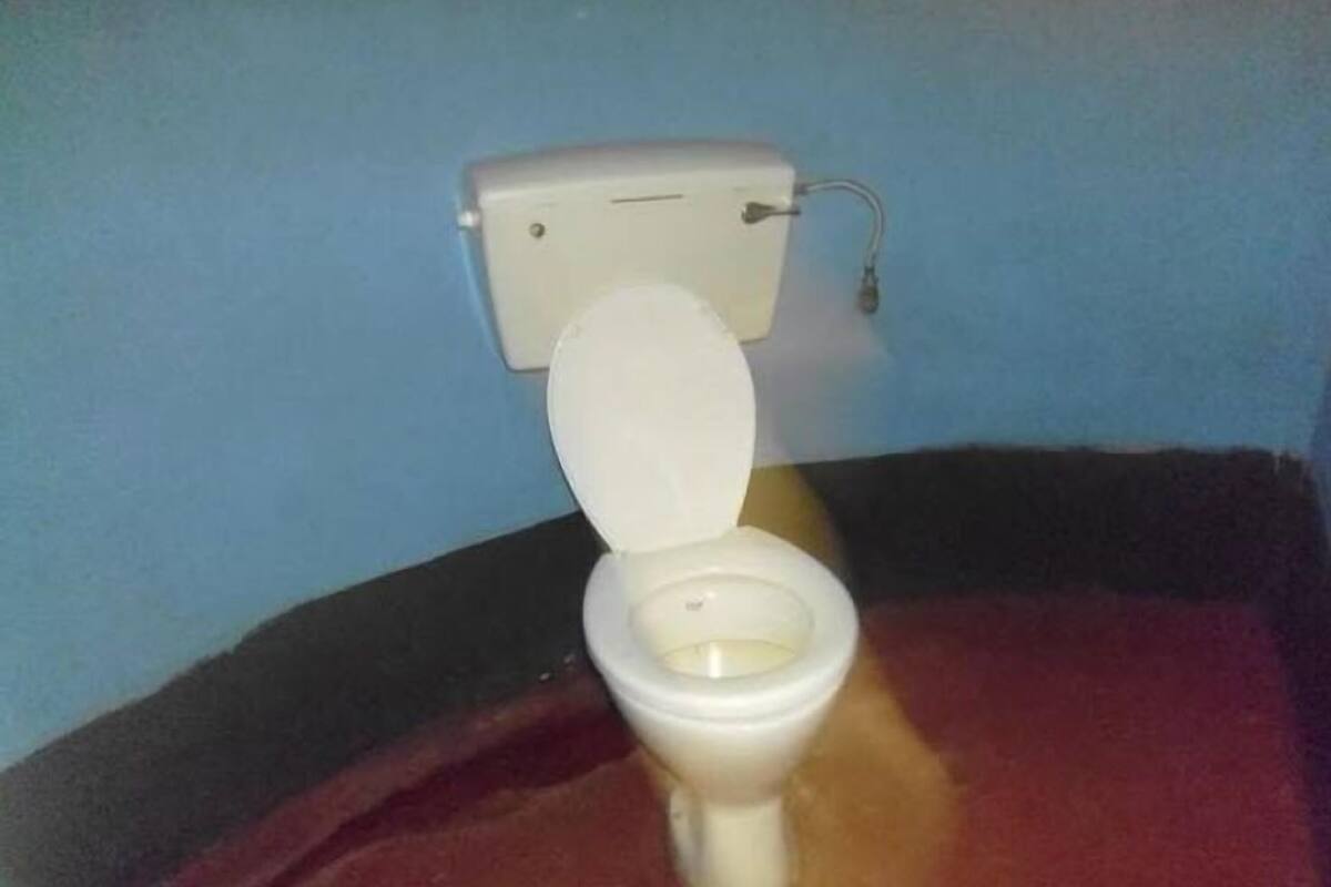 A toilet with a tank and seat, surrounded by a red floor.