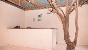 Un espace d’accueil doté d’un comptoir en bois et d’une sculpture représentant un tronc d’arbre.