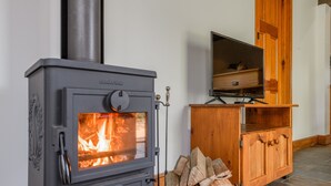 Een houtkachel met een televisie op een houten kast op de achtergrond.