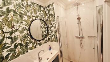 Une salle de bain avec une douche, un lavabo et un miroir.