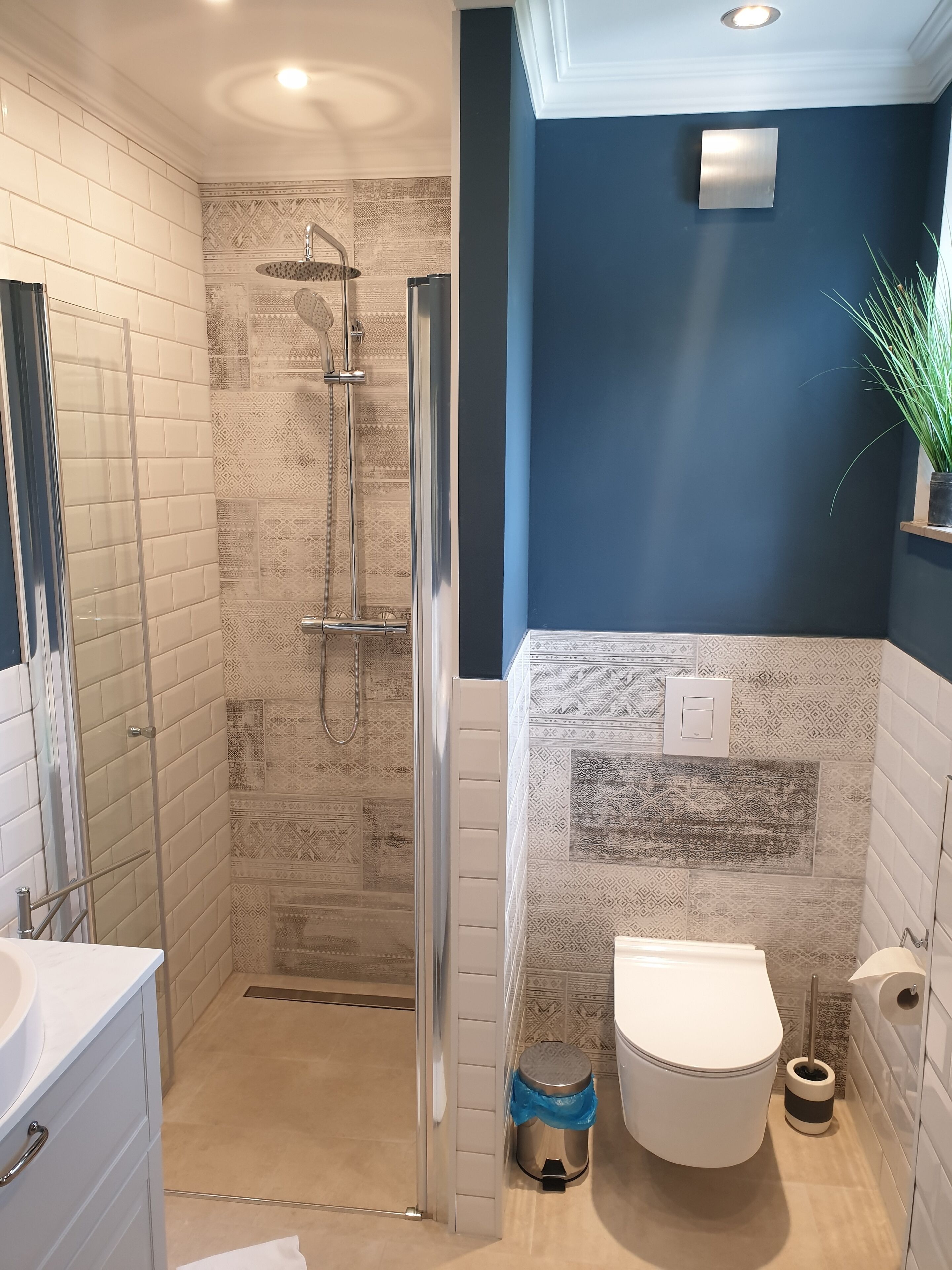 Een badkamer met een inloopdouche, toilet en wastafel.