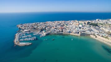 An aerial view of a coastal city with a historic harbor, dense urban area, and a prominent fortification.
