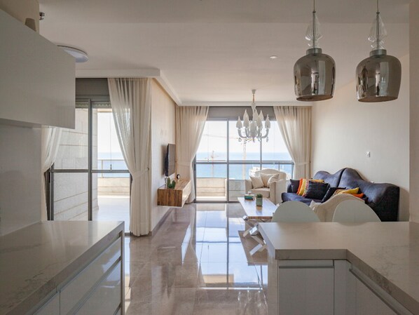 Luxury Apartment | Living area | 50-inch plasma TV with cable channels, TV - Luxury Mini Penthouse Sea View Best Loc (Bat Yam)