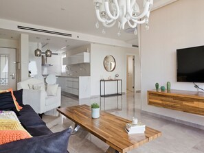 Luxury Apartment | Living area | 50-inch plasma TV with cable channels, TV - Luxury Mini Penthouse Sea View Best Loc (Bat Yam)