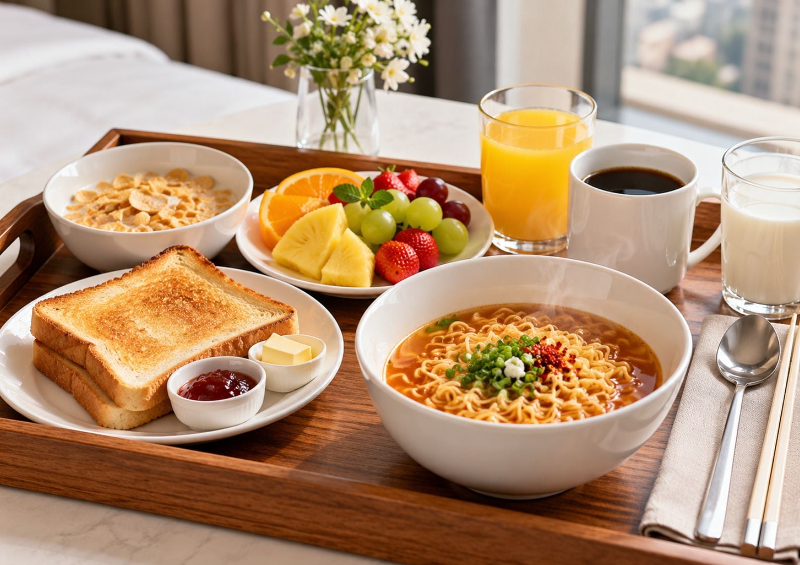A breakfast tray with toast, cereal, fruit, a bowl of soup, and beverages.