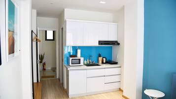 Fridge, microwave, stovetop, electric kettle