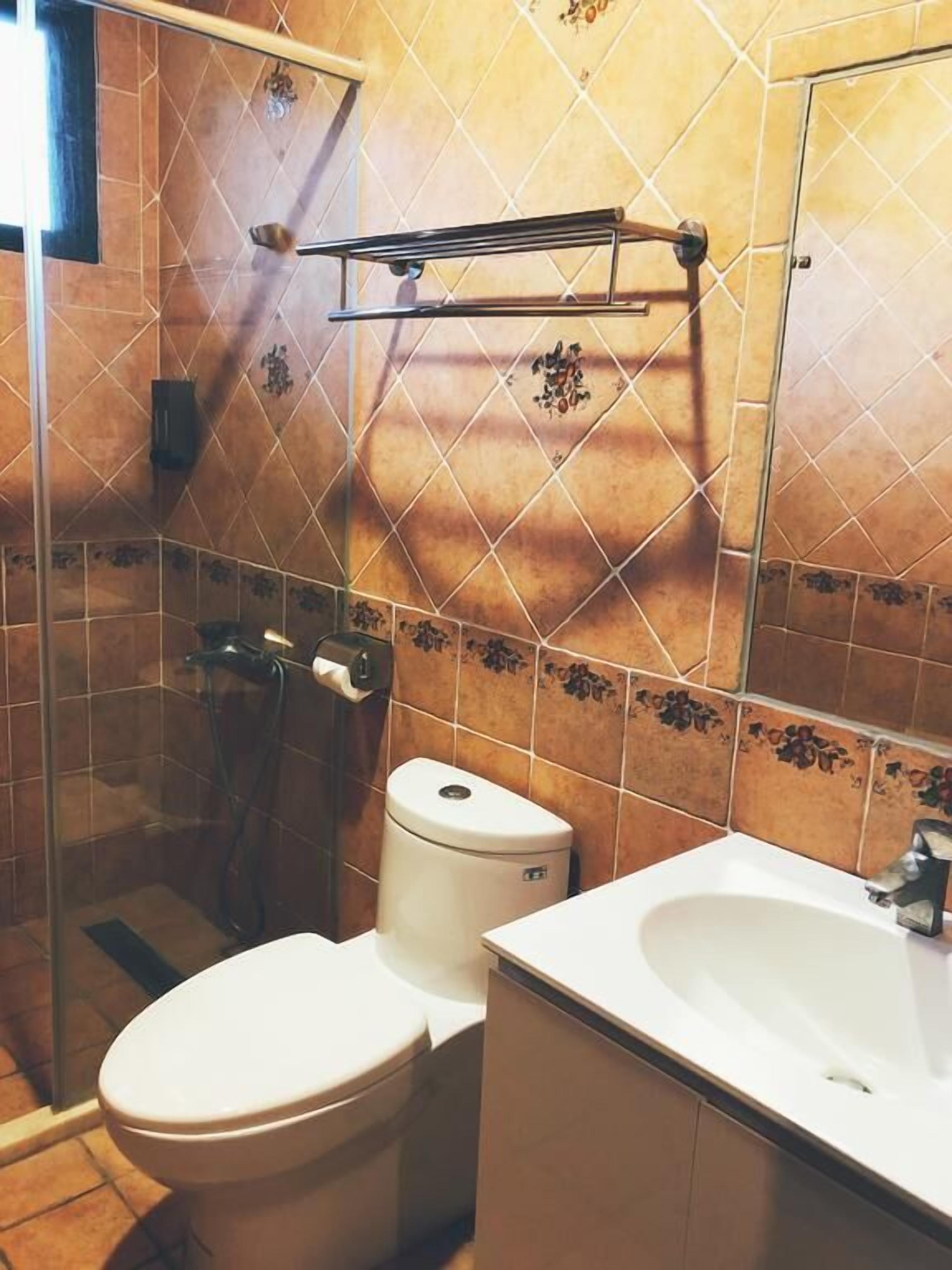 Un baño con inodoro, lavamanos y ducha.