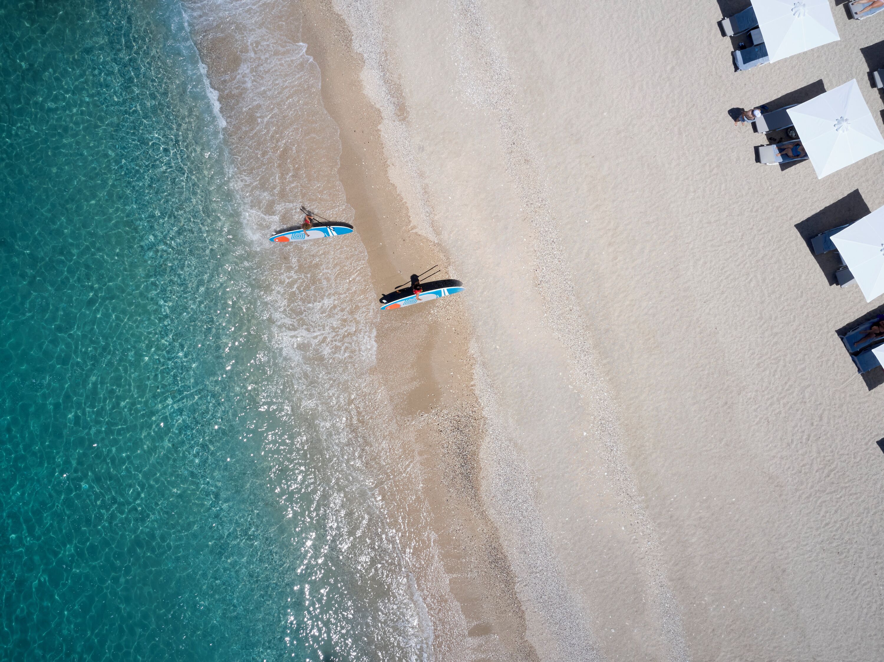 An aerial view of a beach with two paddleboards and a row of beach chairs and umbrellas.